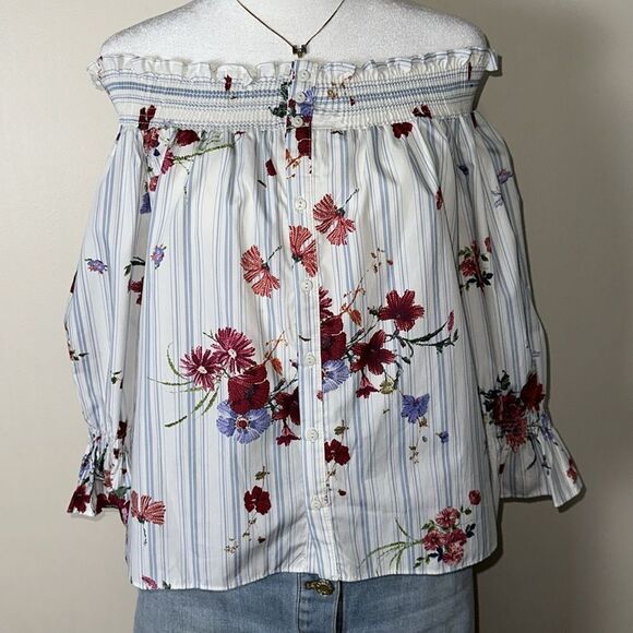 ZARA XS White Blue Vercial Stripe Floral Two Way Quarter Sl On Off Shoulder Top - Picture 8 of 10